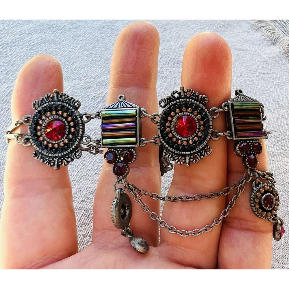 Vintage Art Deco Revival Bracelet Red Rhinestones Rainbow Glass Silver Tone - Picture 8 of 8
